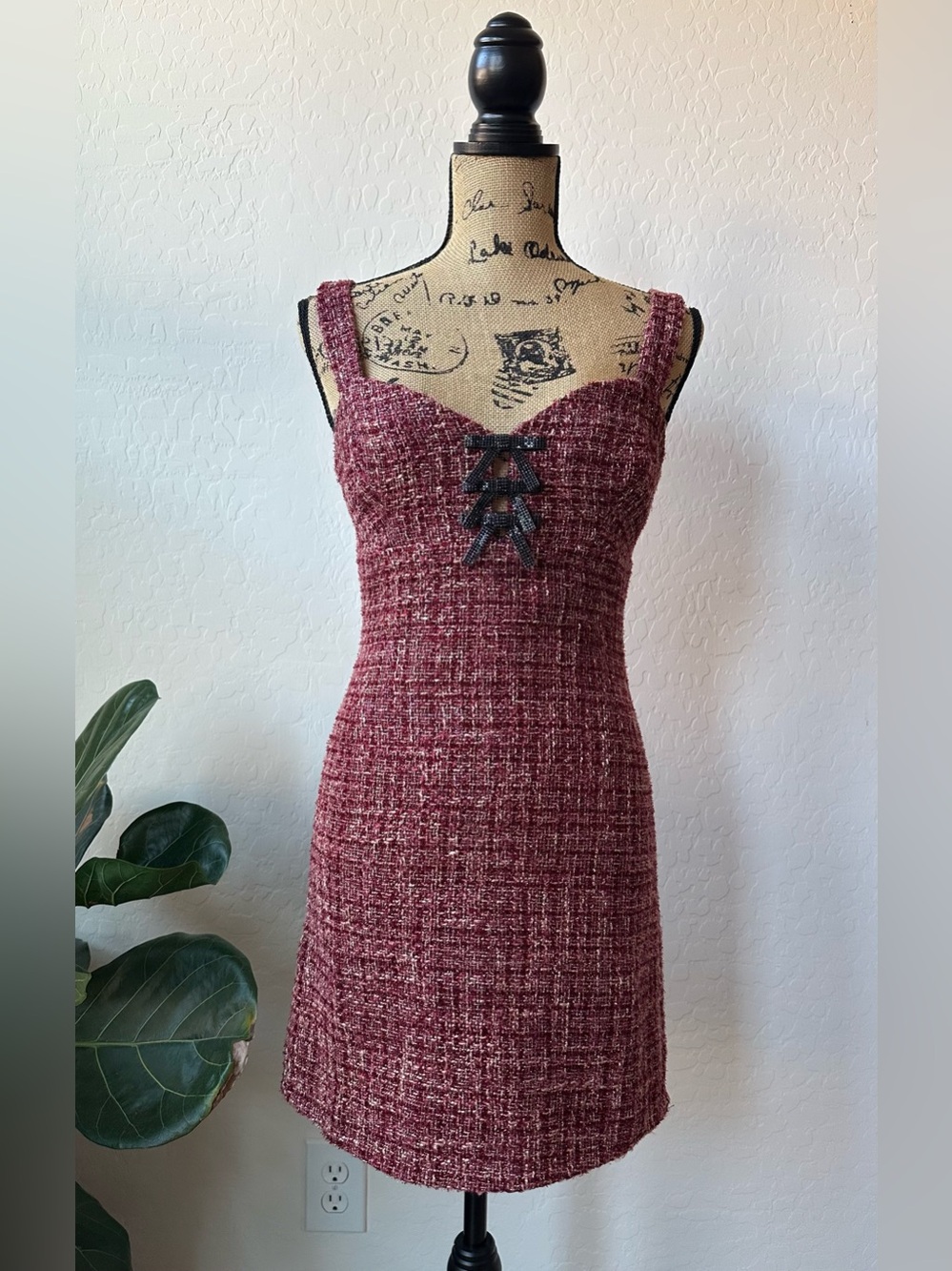 Blu Pepper Wine Red Tweed Mini Dress with Corset Lace Detail